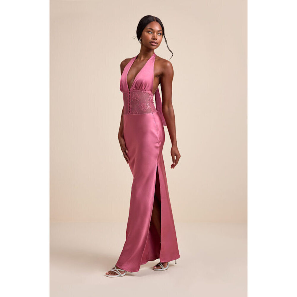 Lulus Lennon Mauve Pink Satin Lace Halter Maxi Dress - Size XS